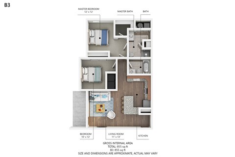 A diagram of apartment B3 showing a master bedroom, living room, kitchen, and bathroom.